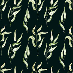 Seamless Realistic Watercolor Greenery Pattern. Summer, Spring Forest Herbs, Plants Texture. Foliage in Vintage Style. Nature Eco Friendly Concept. Textile, Fashion, Interior.