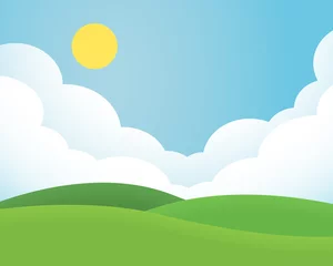 Fotobehang Platte ontwerpillustratie van landschap met weide en heuvel onder blauwe hemel met wolken en zon © Forgem