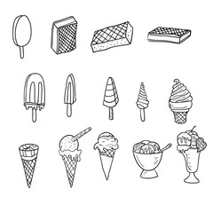 Cartoon hand drawn ice cream white background. Many symbols, objects and elements. Perfect fun vector background.