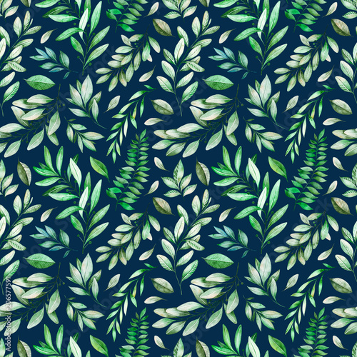 Watercolor Leaves Branch Seamless Pattern On White Background