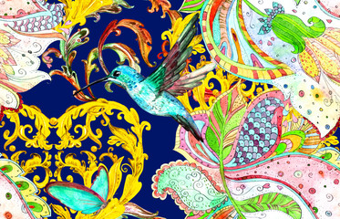 seamless texture with bizarre ornament and golden foliage. watercolor painting