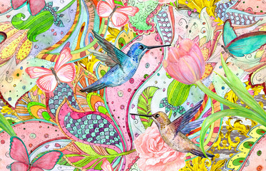 Fototapeta premium bohemian seamless texture with bizarre ornament and hummingbirds. watercolor painting