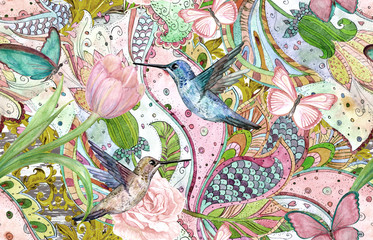 Obraz premium tekstura moda z etnicznym ornamentem roślinnym i kolibry. Malarstwo akwarelowe