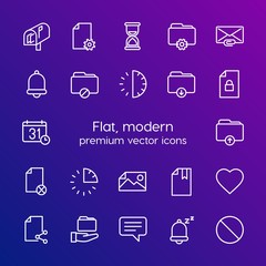 Modern Simple Set of folder, time, files, email Vector outline Icons. Contains such Icons as  mailbox, internet, file,  sand,  email, 30 and more on gradient background. Fully Editable. Pixel Perfect