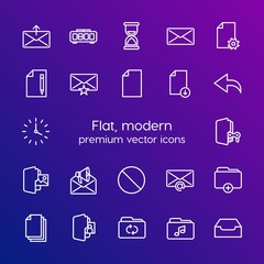 Modern Simple Set of folder, time, files, email Vector outline Icons. Contains such Icons as  internet,  email,  watch,  add,  clock and more on gradient background. Fully Editable. Pixel Perfect