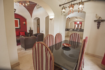 Interior design of luxury apartment living room with dining table