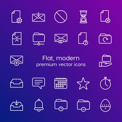 Modern Simple Set of folder, time, files, email Vector outline Icons. Contains such Icons as  internet, alarm,  data,  remove,  time and more on gradient background. Fully Editable. Pixel Perfect