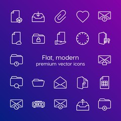 Modern Simple Set of folder, time, files, email Vector outline Icons. Contains such Icons as close,  remove,  folder,  sign, heart, data and more on gradient background. Fully Editable. Pixel Perfect
