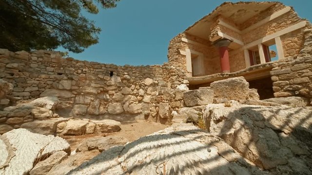 Ultra wide-angle shot of a temple within the complex of the Minoan Palace of Knossos, Heraklion, Crete, Greece. Knossos is the largest Bronze Age archaeological site in Crete and Europe's oldest city.