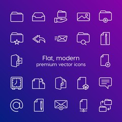 Modern Simple Set of folder, time, files, email Vector outline Icons. Contains such Icons as  internet,  zip,  storage, video, search and more on gradient background. Fully Editable. Pixel Perfect