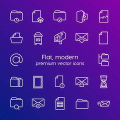 Modern Simple Set of folder, time, files, email Vector outline Icons. Contains such Icons as box, broken, business,  mailbox,  hour, love and more on gradient background. Fully Editable. Pixel Perfect