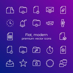 Modern Simple Set of folder, time, files, email Vector outline Icons. Contains such Icons as box,  information, hidden,  settings, file and more on gradient background. Fully Editable. Pixel Perfect
