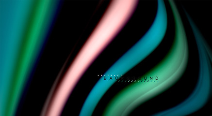 Fluid rainbow colors on black background, vector wave lines and swirls