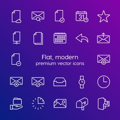 Modern Simple Set of folder, time, files, email Vector outline Icons. Contains such Icons as  watch,  fashion,  minute,  rating,  network and more on gradient background. Fully Editable. Pixel Perfect