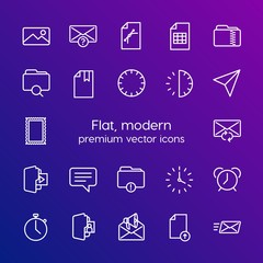 Modern Simple Set of folder, time, files, email Vector outline Icons. Contains such Icons as 30,  clock,  counter,  email, time,  time and more on gradient background. Fully Editable. Pixel Perfect
