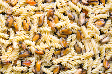 Italian pasta with mussels. Pasta and mussels texture