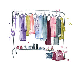 Clothes rail, watercolour illustration