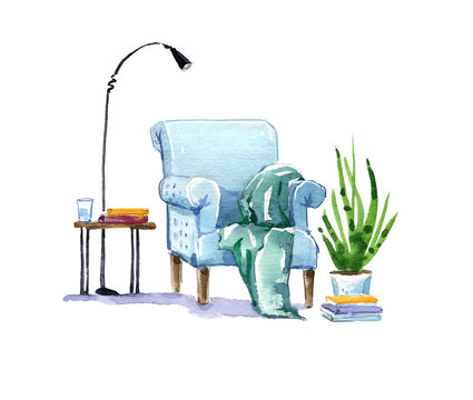 Cosy Armchair, Reading Place Watercolor Illustration