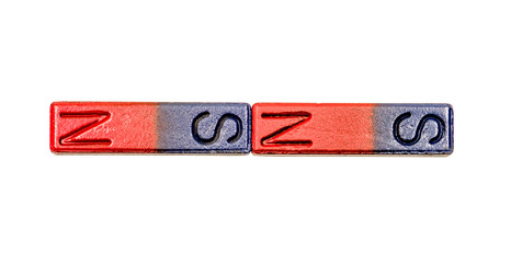 two red and blue bar magnets isolated on white background with clipping path
