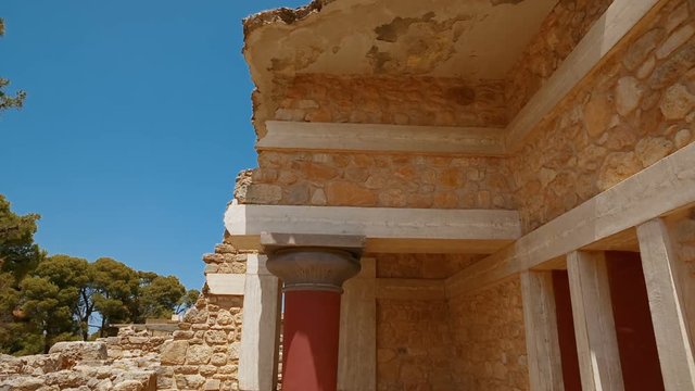 Tilt shot of a temple within the complex of the Minoan Palace of Knossos, Heraklion, Crete, Greece. Knossos is the largest Bronze Age archaeological site in Crete and Europe's oldest city.