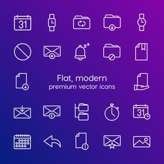 Modern Simple Set of folder, time, files, email Vector outline Icons. Contains such Icons as alarm, deadline,  internet,  fashion, folder and more on gradient background. Fully Editable. Pixel Perfect