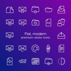 Modern Simple Set of folder, time, files, email Vector outline Icons. Contains such Icons as  mail,  smart,  divider,  document,  archive and more on gradient background. Fully Editable. Pixel Perfect