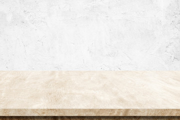 Empty brown cement table over white wall background, banner, table top, shelf, counter design for product display montage