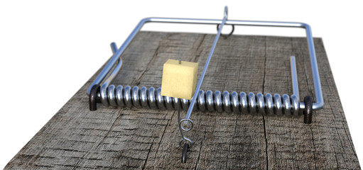 Spring-loaded bar mousetrap isolated on white. Close-up shallow focus 3d render.