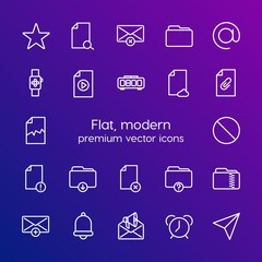 Modern Simple Set of folder, time, files, email Vector outline Icons. Contains such Icons as  add,  web,  wake, alarm, time,  smart,  new and more on gradient background. Fully Editable. Pixel Perfect
