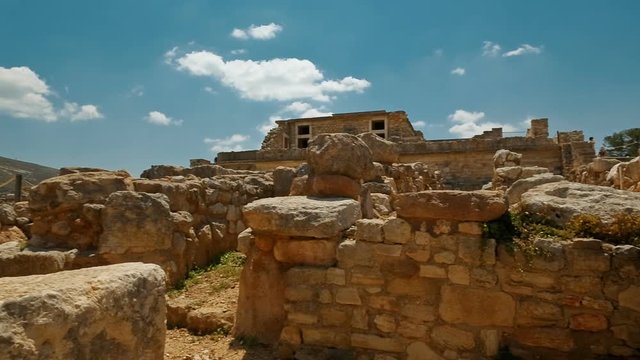 Crane shot revealing the southern entrance to the complex of the Minoan Palace of Knossos, Heraklion, Crete, Greece.