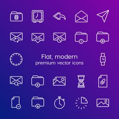 Modern Simple Set of folder, time, files, email Vector outline Icons. Contains such Icons as  watch,  send,  clip,  attach,  web,  time and more on gradient background. Fully Editable. Pixel Perfect