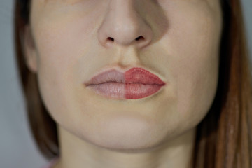 collage of clean lips with your own natural pigment and with fresh tattoo immediately after the...