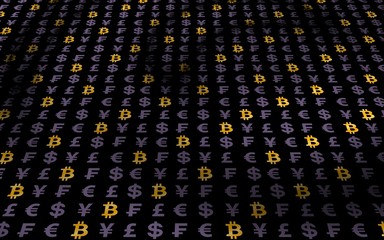Fototapeta premium Bitcoin background. Cryptocurrency 3D illustration. Digital currency symbol. Business concept