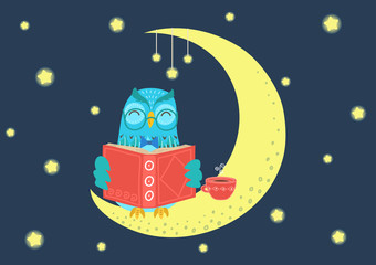 Sweet charming owl reading book at night on the moon under starry sky. Story-time vector illustration.