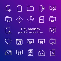Modern Simple Set of folder, time, files, email Vector outline Icons. Contains such Icons as time, open,  booklet,  confidential,  watch and more on gradient background. Fully Editable. Pixel Perfect