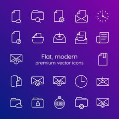 Modern Simple Set of folder, time, files, email Vector outline Icons. Contains such Icons as folder,  data,  business,  bookmark,  hour and more on gradient background. Fully Editable. Pixel Perfect
