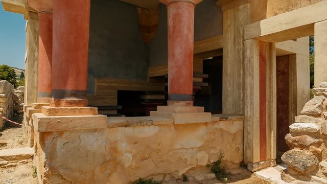 Crane shot of a temple within the complex of the Minoan Palace of Knossos, Heraklion, Crete, Greece. Knossos is the largest Bronze Age archaeological site in Crete and Europe's oldest city.