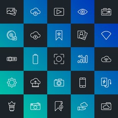Modern Simple Set of cloud and networking, mobile, video, photos, bookmarks Vector outline Icons. Contains such Icons as  and more on dark and gradient background. Fully Editable. Pixel Perfect.