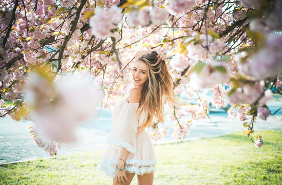 Girl in short pink dress enjoying sunny day in botanical garden. Female playing with long gorgeous blond hair, beauty and hair care products. Sexy woman posing under blooming cherry blossom tree