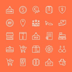 Modern Simple Set of clothes, money, shopping Vector outline Icons. Contains such Icons as  buy, chart, money,  investment, basket,  web,  and more on orange background. Fully Editable. Pixel Perfect.