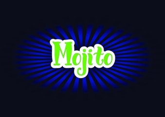 Lettering of Mojito in green with white outlines on dark background for bar menu, cocktail menu, advertisement, cafe, restaurant