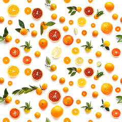 Food texture. Seamless pattern of fresh fruit tangerines and orange isolated on white background, top view, flat lay.