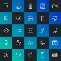 Modern Simple Set of cloud and networking, mobile, video, photos, bookmarks Vector outline Icons. Contains such Icons as  and more on dark and gradient background. Fully Editable. Pixel Perfect.