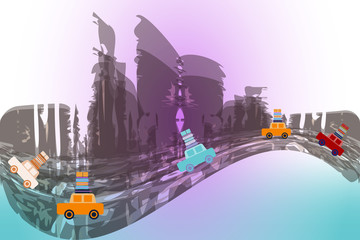 Several moving cars on an abstract city background