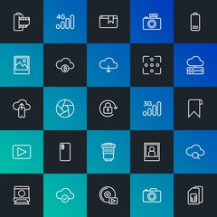 Modern Simple Set of cloud and networking, mobile, video, photos, bookmarks Vector outline Icons. Contains such Icons as  and more on dark and gradient background. Fully Editable. Pixel Perfect.