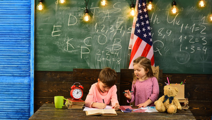 Teacher helping kids with computers in elementary school on the USA national flag background. Pupil...