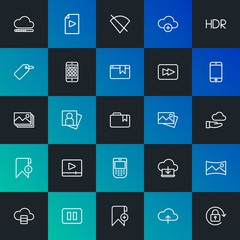 Modern Simple Set of cloud and networking, mobile, video, photos, bookmarks Vector outline Icons. Contains such Icons as  and more on dark and gradient background. Fully Editable. Pixel Perfect.