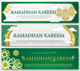 ramadan kareem islamic banner design with ornament and arabic lantern	