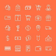 Modern Simple Set of clothes, money, shopping Vector outline Icons. Contains such Icons as  shop, bill,  gift,  wallet,  finance, map, new and more on orange background. Fully Editable. Pixel Perfect.