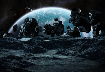 Astronauts exploring an asteroid 3D rendering elements of this image furnished by NASA - obrazy, fototapety, plakaty